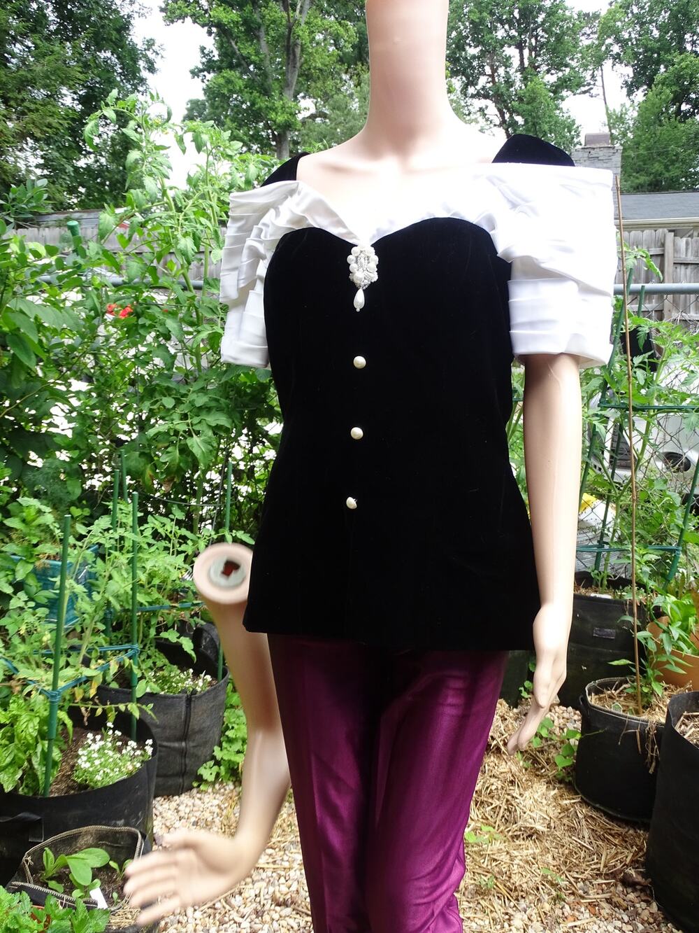 Vintage 80s Black Velvet Off Shoulder Top White Satin Pearl Accents Union Made S